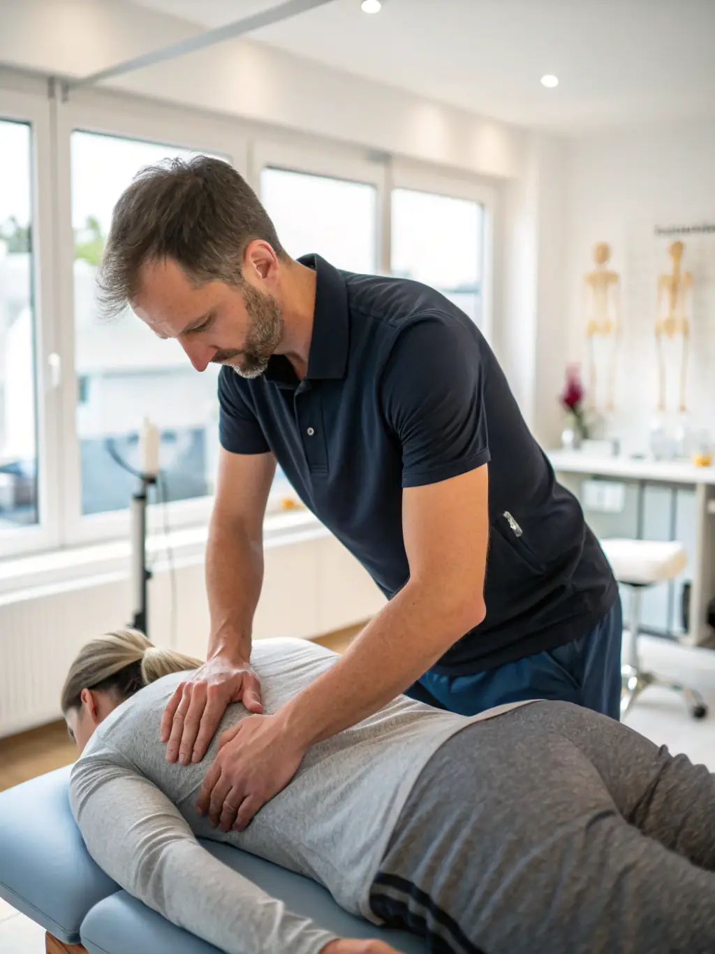 A physiotherapist guiding an adult patient through exercises to alleviate back pain, using specialized equipment in a modern clinic.