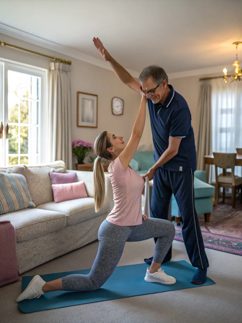 A physiotherapist working with an elderly patient on mobility exercises at home, ensuring safety and support.