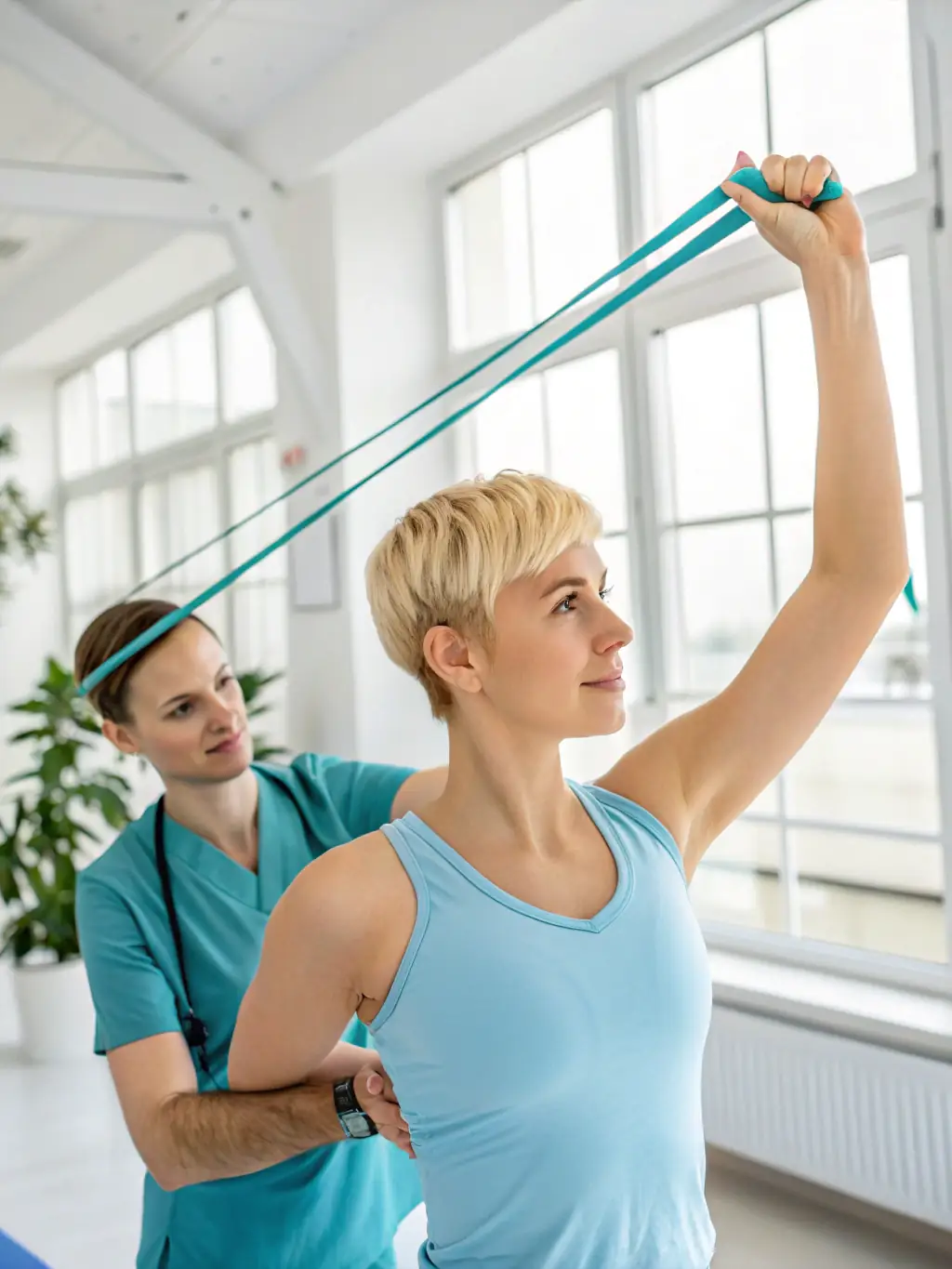 A patient performing a rehabilitation exercise with resistance bands under the guidance of a physiotherapist. The focus is on strengthening muscles and improving range of motion.
