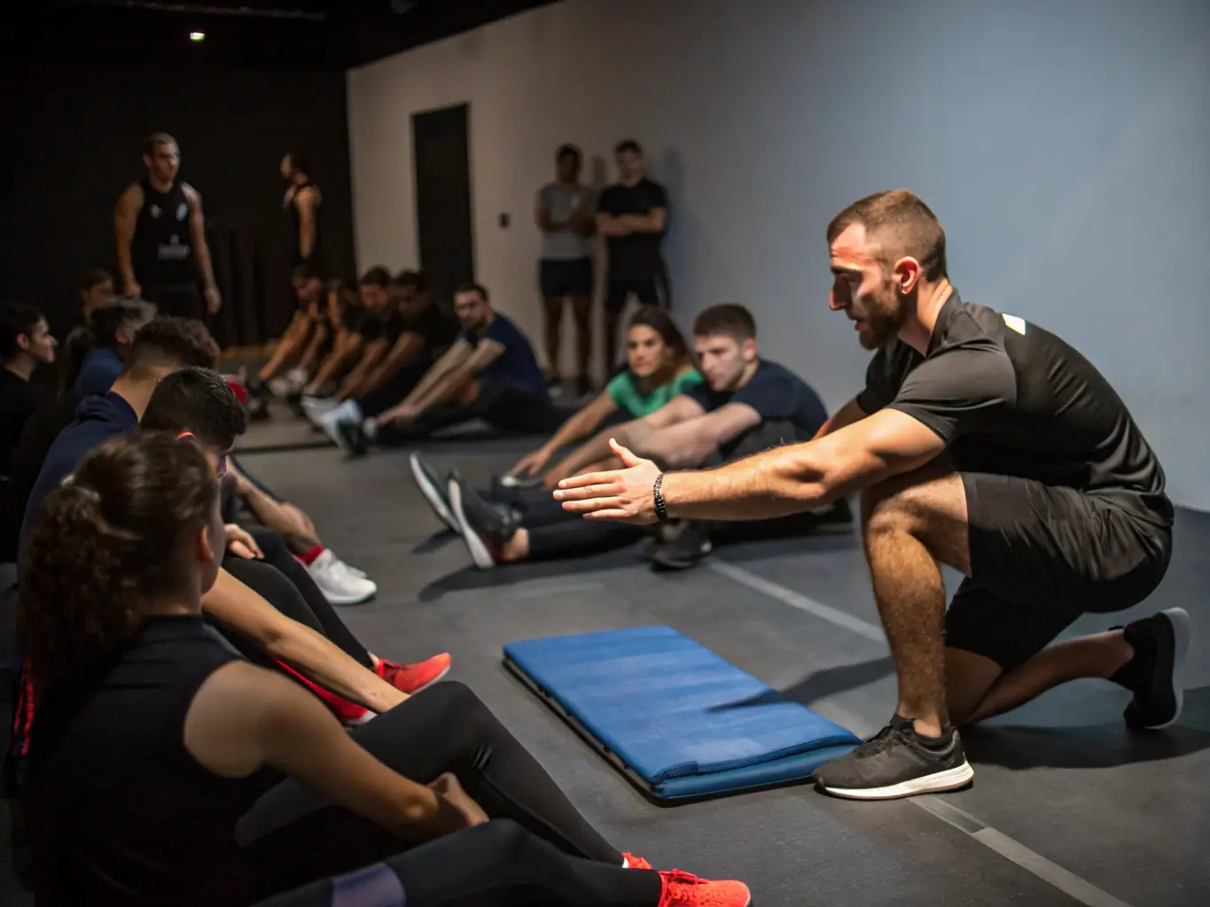 A physiotherapist guiding an athlete through rehabilitation exercises in a gym setting, focusing on improving strength and mobility after a sports injury.
