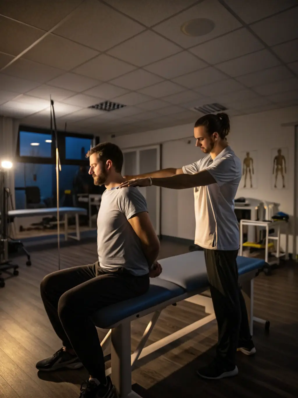 A physiotherapist assisting a young athlete with a knee injury, focusing on rehabilitation exercises in a clinic setting.