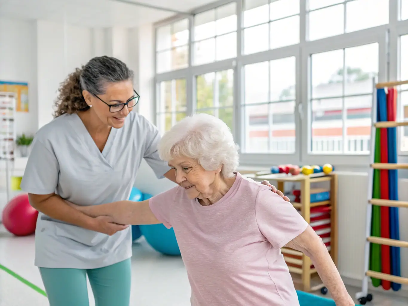 A physiotherapist guiding a patient through a series of exercises aimed at improving mobility and function after surgery. The environment is a well-equipped rehabilitation center.