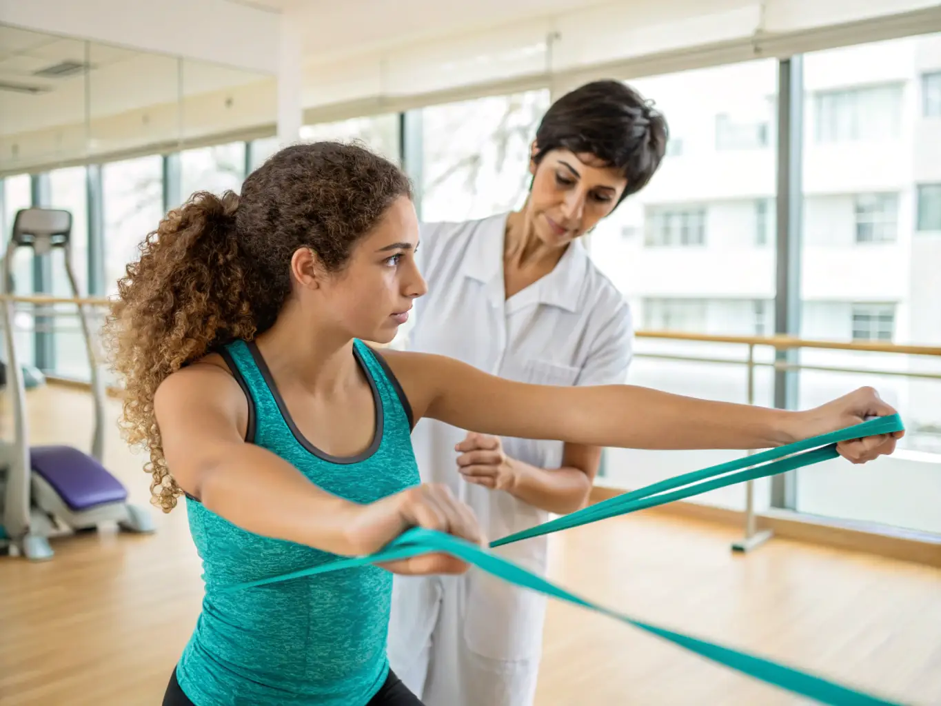 A patient undergoing physiotherapy sessions with a therapist using various equipment, showcasing the comprehensive approach to full rehabilitation support.