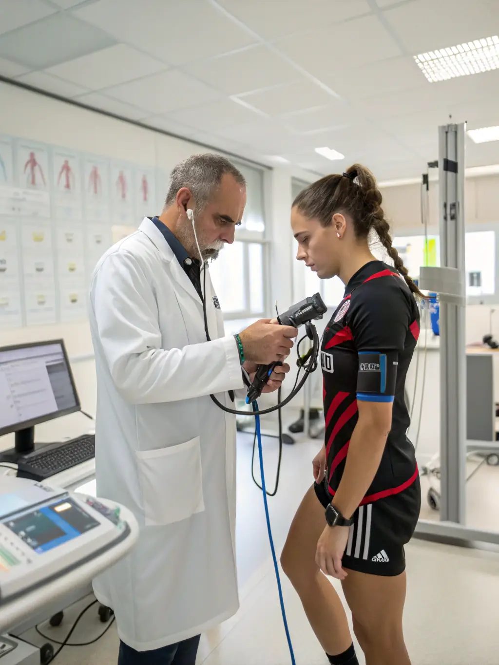 An athlete undergoing isokinetic testing to assess muscle strength and identify imbalances. The setting is a sports-focused physiotherapy clinic.
