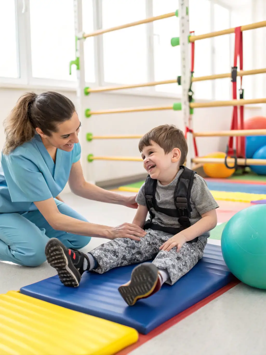 A physiotherapist assessing a child's posture and muscle development, providing gentle and effective treatment in a friendly environment.