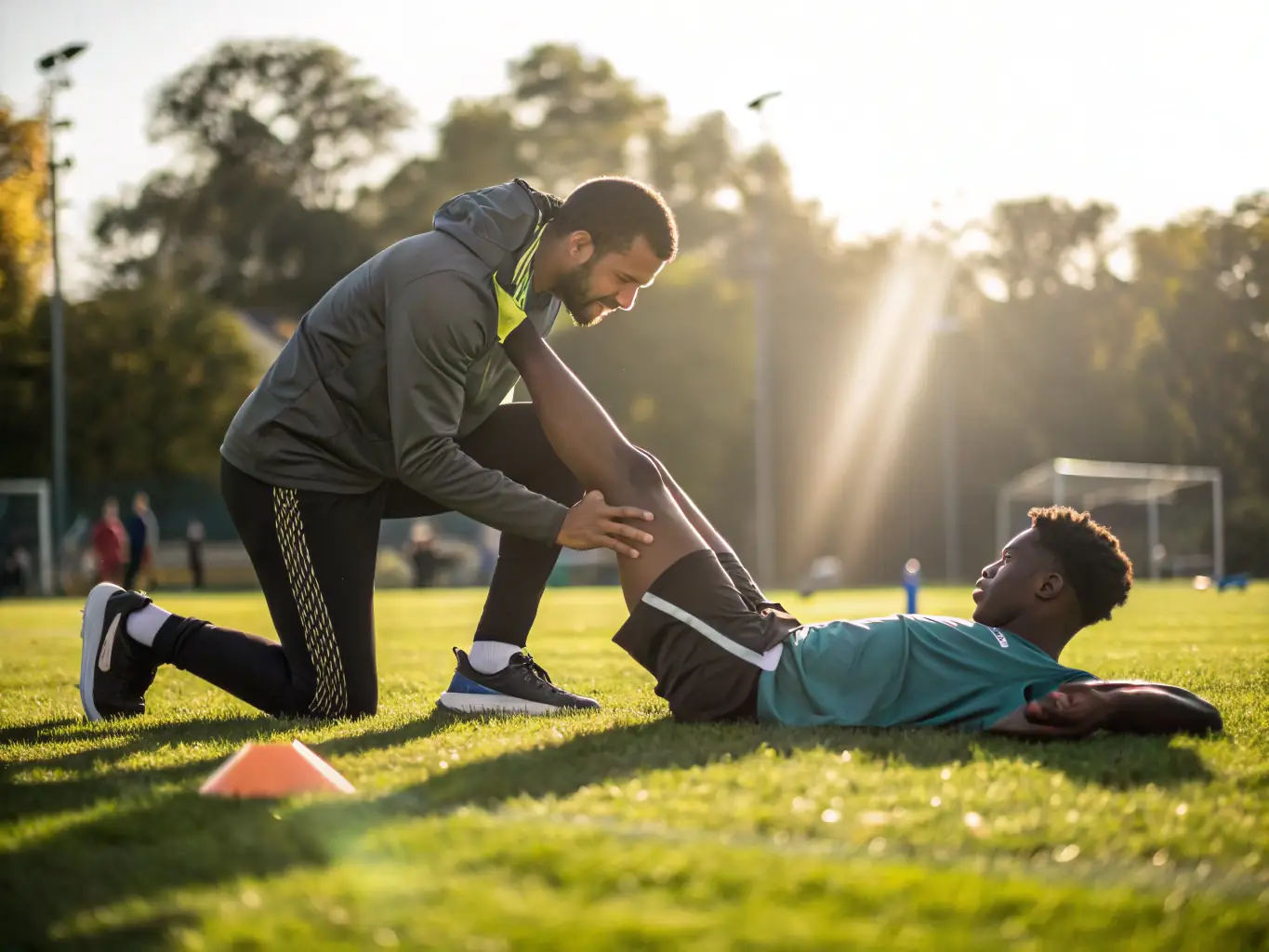 An athlete performing agility drills under the supervision of a physiotherapist, highlighting physical conditioning and performance enhancement.