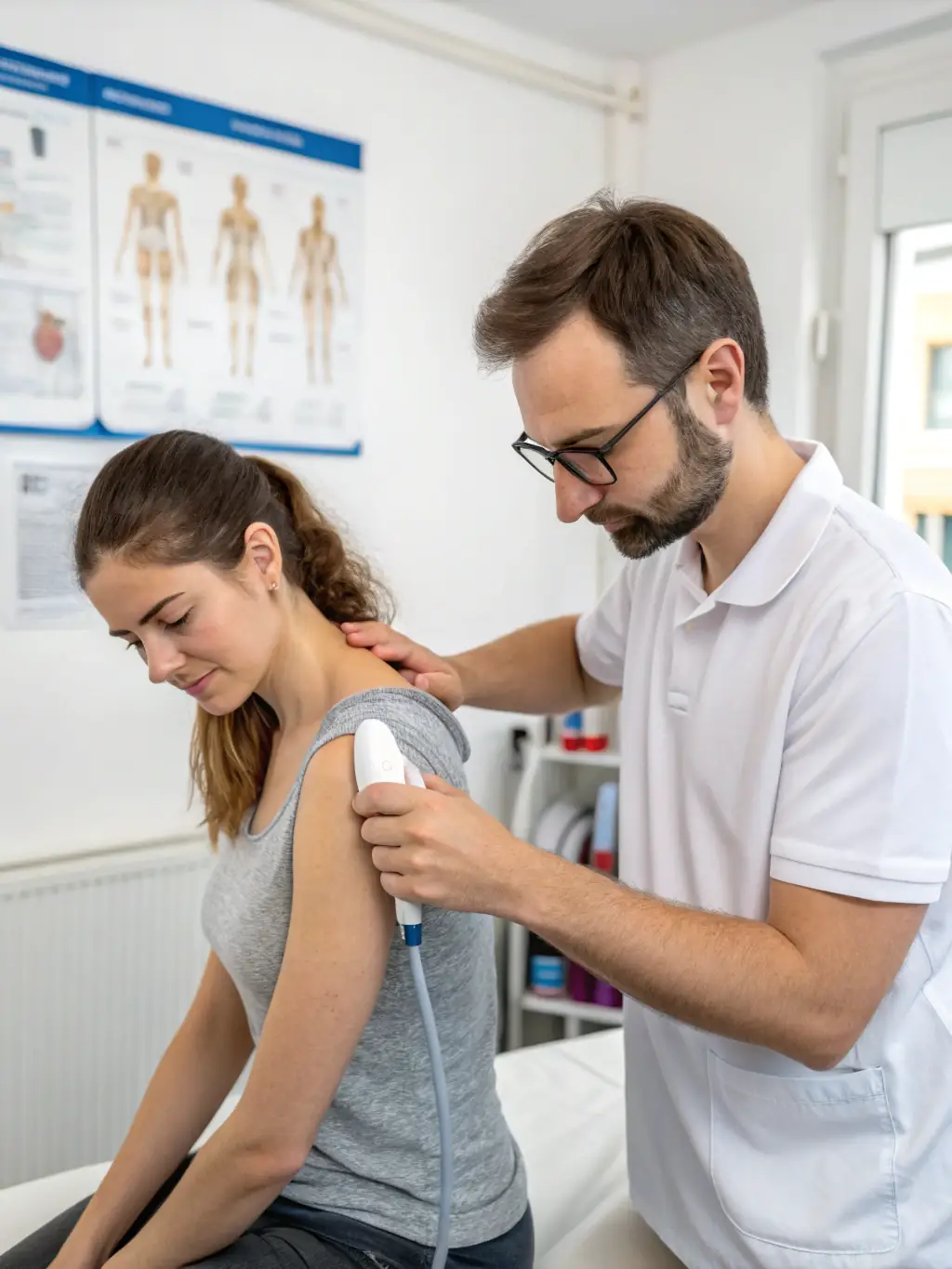 A physiotherapist using ultrasound therapy on a patient's knee. The setting is a well-equipped physiotherapy clinic with modern equipment.