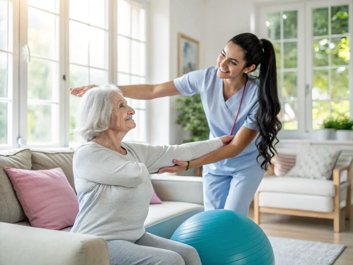 A physiotherapist guiding a senior patient through mobility exercises in a clinic setting, emphasizing balance and coordination.