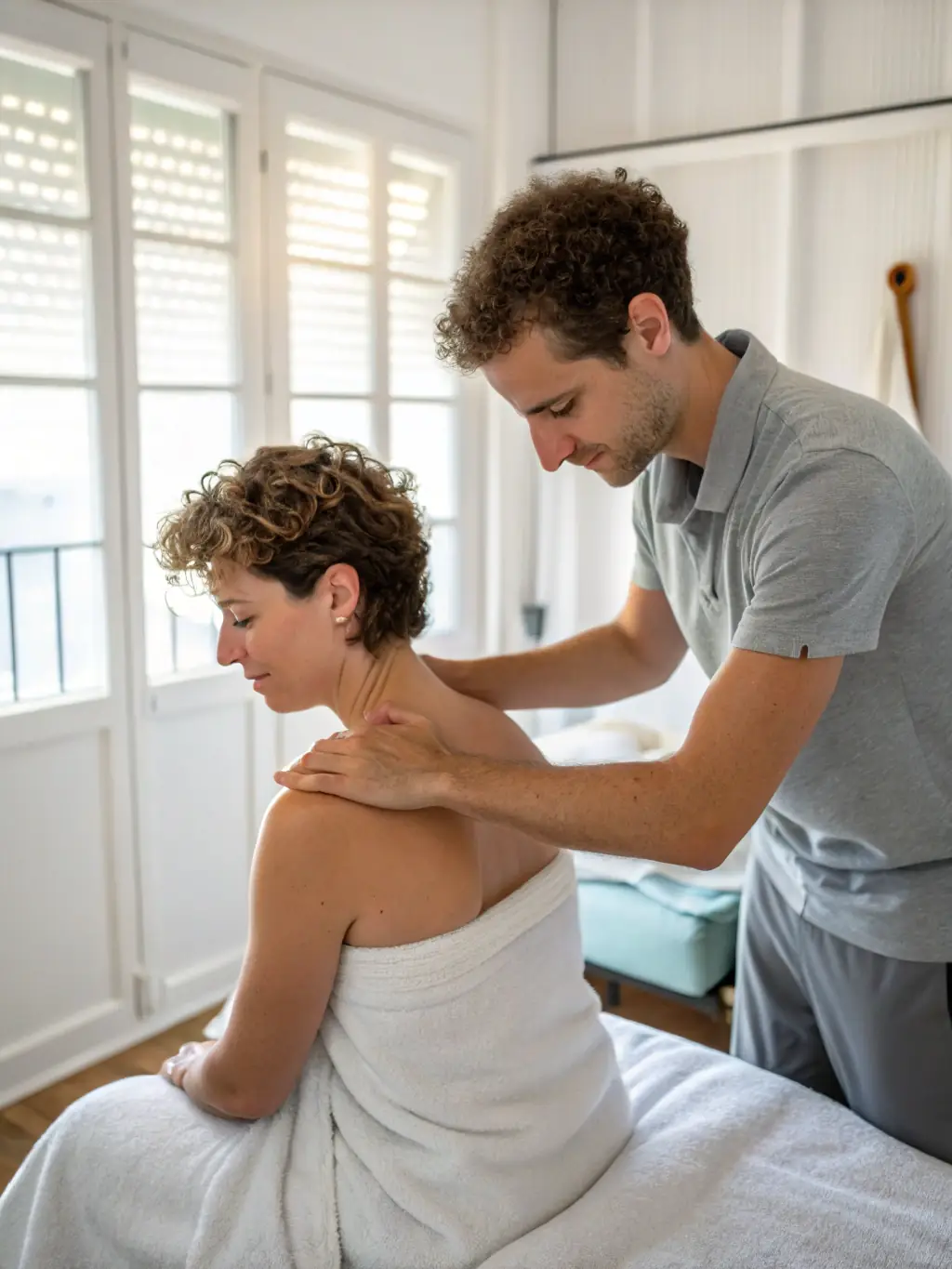 A physiotherapist performing manual therapy on a patient's shoulder, focusing on releasing tension and improving mobility. The setting is a clean, modern clinic.
